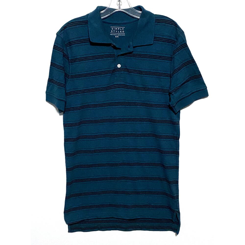 Simply Styled Polo Shirt Mens S Blue Black Striped Preppy Office Casual Academia